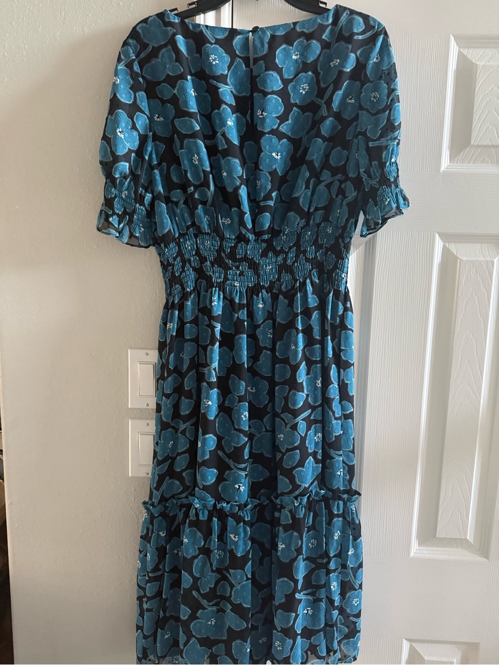 kate spade Teal and Black Floral Smocked Midi Dress